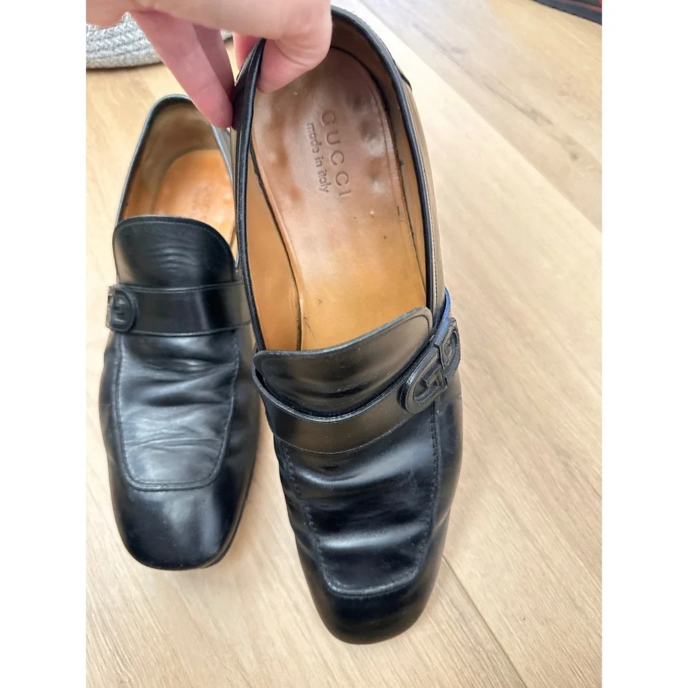 Gucci Mens Black Leather Interlocking GG Logo Loafers Shoes Size 41 Italy
